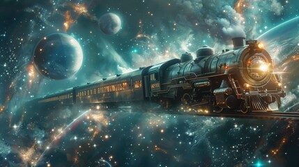 A train traveling through space. The train is surrounded by stars and planets. - obrazy, fototapety, plakaty