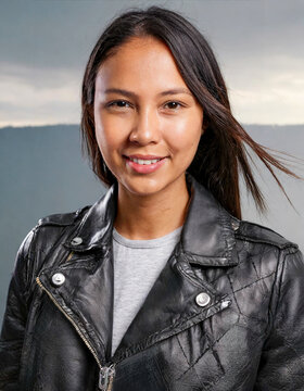 woman wearing a black leather biker jacket portrait