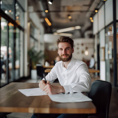 A businessman signs a document