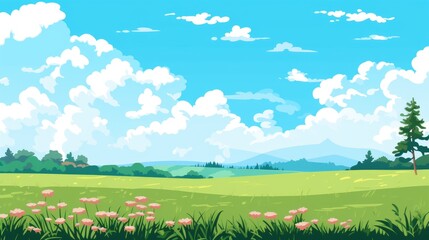 Blue sky clouds sunny day wallpaper. Grass Field landscape with blue sky and white cloud. Cartoon illustration of a Grass Field with blue sky in Summer. green field in a day