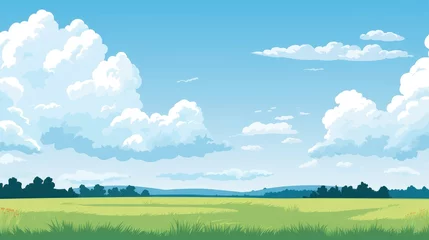Poster Blue sky clouds sunny day wallpaper. Grass Field landscape with blue sky and white cloud. Cartoon illustration of a Grass Field with blue sky in Summer. green field in a day © jokerhitam289