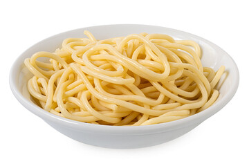 Cooked spaghetti in a white ceramic bowl isolated on white. - 765782249