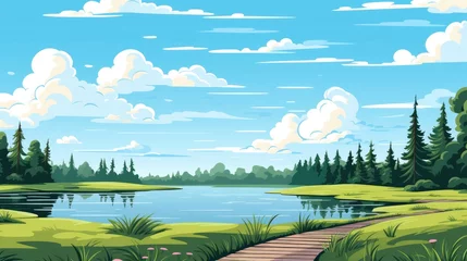 Tragetasche Blue sky clouds sunny day wallpaper. Grass Field landscape with blue sky and white cloud. Cartoon illustration of a Grass Field with blue sky in Summer. green field in a day © jokerhitam289