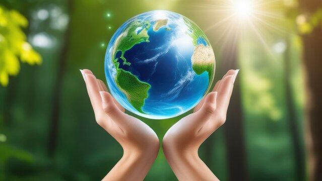 Hand hold and protect the globe glass world with a green leaves in forest background
