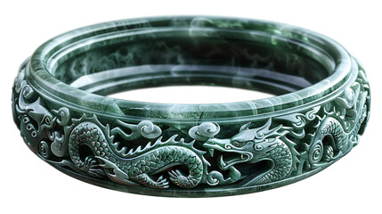 Opulent jade bracelet intricately carved with auspicious symbols on a transparent background.