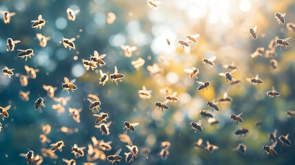 Swarm of bees flying in warm sunlight.