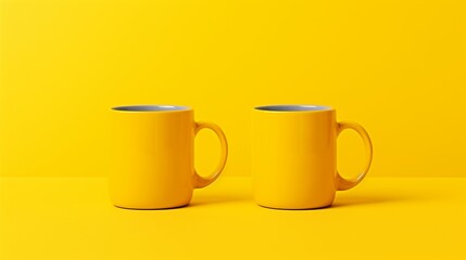 Generate a mock-up image featuring two mugs positioned on a vibrant yellow background.  