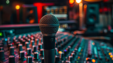 Microphone forefront, mixer background, musical stage.