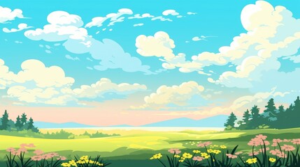 Obraz premium Blue sky clouds sunny day wallpaper. Grass Field landscape with blue sky and white cloud. Cartoon illustration of a Grass Field with blue sky in Summer. green field in a day