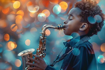 Young musician plays saxophone with colorful bokeh lights in background. - obrazy, fototapety, plakaty