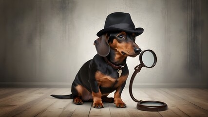 dog in a hat and glasses, A mischievous dachshund, dressed in a tiny detective's hat and magnifying glass in paw, solving mysteries and sniffing out clues with its keen sense of smell. - obrazy, fototapety, plakaty