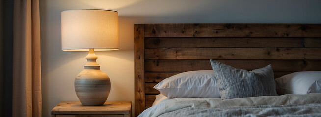 Close up of rustic bedside table lamp near bed with wood headboard.