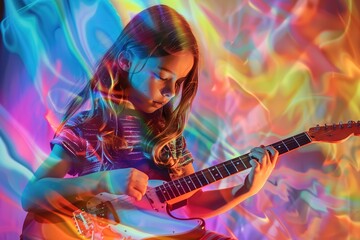 A young girl plays electric guitar surrounded by vibrant, colorful lights evoking a dreamy rock concert vibe. - obrazy, fototapety, plakaty