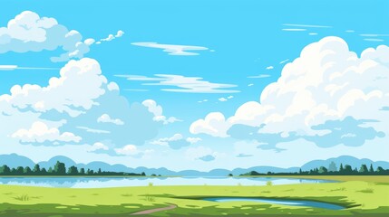 Fototapeta premium Blue sky clouds sunny day wallpaper. Grass Field landscape with blue sky and white cloud. Cartoon illustration of a Grass Field with blue sky in Summer. green field in a day