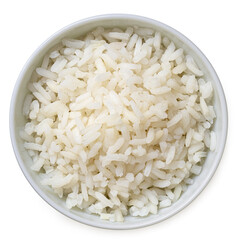 Cooked white rice in a white ceramic bowl isolated on white from above. - 765783027