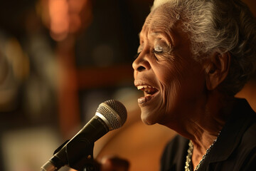 Elderly woman singing passionately into a microphone.