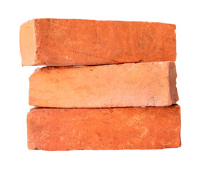 Side view of old cracked red or orange bricks in stack isolated with clipping path in png file format