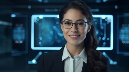 Generate a realistic AI portrait of a beautiful Hispanic female wearing glasses. Illustrate her using a tablet computer, looking at the camera, and smiling.  