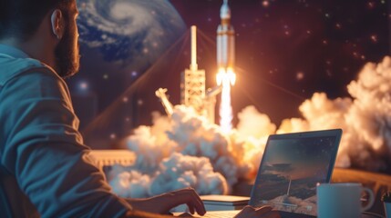 A man works on a laptop in the foreground, with an awe-inspiring rocket launch happening in the background, suggesting innovation and exploration.