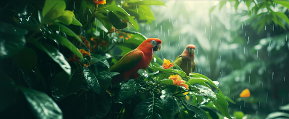 Colorful jungle parrot at tropical deep forest. Illustration with birds. Generative AI	 - obrazy, fototapety, plakaty