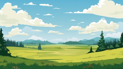Fototapeta premium Grass Field landscape with blue sky and white cloud. Blue sky clouds sunny day wallpaper. Cartoon illustration of a Grass Field with blue sky in Summer. A mountain with Grass Field with blue sky.