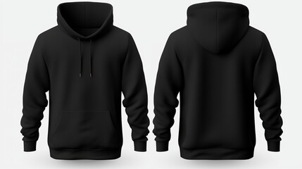 Generate a set of mockup templates featuring black front and back views of tee hoodies, ensuring a white background  