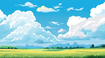 Rucksack Grass Field landscape with blue sky and white cloud. Blue sky clouds sunny day wallpaper. Cartoon illustration of a Grass Field with blue sky in Summer. A mountain with Grass Field with blue sky. © jokerhitam289