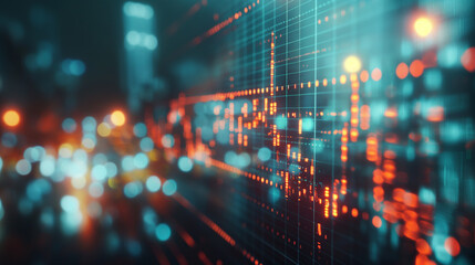 a blurred close-up view of a financial stock market graph on a digital screen with various data points and trend lines - obrazy, fototapety, plakaty