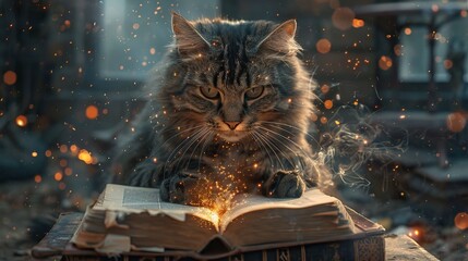 An enigmatic cat sorcerer perched atop a weathered tome - obrazy, fototapety, plakaty