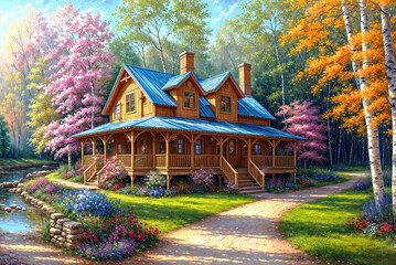 Beautiful idyllic view, oil painting of house and beautiful trees covered with flowers.