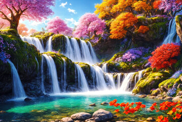 Paradise landscape with beautiful  gardens, waterfalls and flowers, magical idyllic background with many flowers in eden.