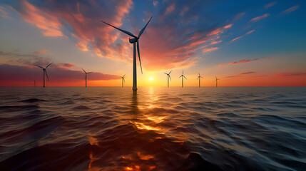 offshore wind park: wind turbines at sunset with wind miles in the water of the ocean - obrazy, fototapety, plakaty