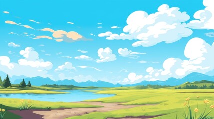 Fototapeta na wymiar Grass field with river in a day. Grass Field landscape with blue sky and white cloud. Blue sky clouds sunny day wallpaper. illustration of a Grass Field with blue sky. 
