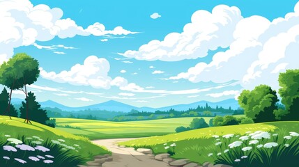 Naklejka premium Grass Field landscape with blue sky and white cloud. Blue sky clouds sunny day wallpaper. illustration of a Grass Field with blue sky. green field in a day. 