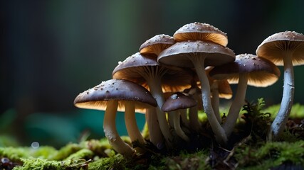 mushroom in the forest. a close up of a bunch of mushrooms, a macro photograph. Ai ganerated image - obrazy, fototapety, plakaty