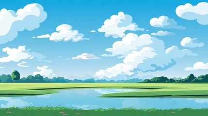 Obraz premium Grass Field landscape with blue sky and white cloud. Blue sky clouds sunny day wallpaper. Cartoon illustration of a Grass Field with blue sky in Summer. green field in a day.
