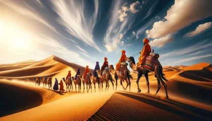  striking scene depicting a traditional desert caravan. Focus on a group of turbaned individuals leading a line of decorated camels © Henry