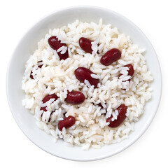 Cooked white rice with red kidney beans in a white ceramic bowl isolated on white from above.