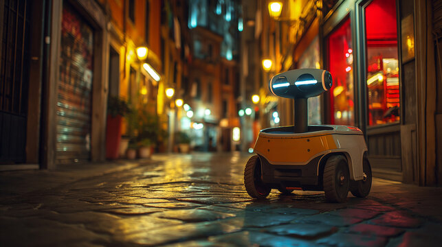 Autonomous food delivery robot on a blurred city street background.Modern package delivery bot