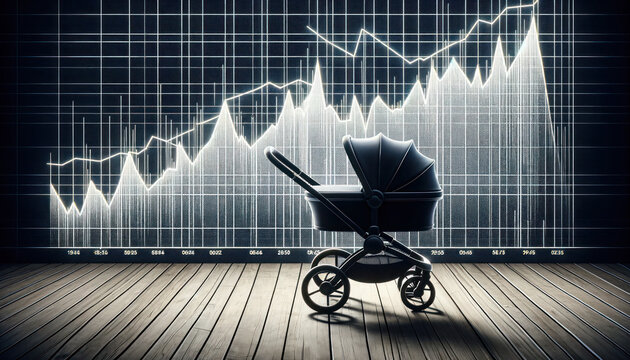 silhouette of a baby stroller against a backdrop of a stock market chart.