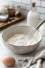 Fototapeta na wymiar a large bowl with a mixture of cream cheese, milk and sugar, with a whisk inside, on a white countertop