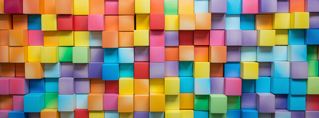 Abstract colorful geometric rainbow colors colored 3d wooden square cubes texture wall background