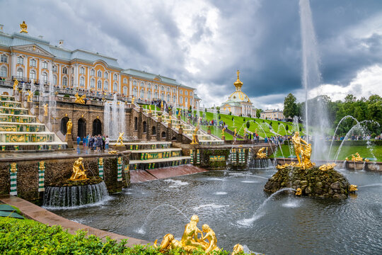 Saint Petersburg, Russia - August 2022: Grand Cascade of Peterhof Palace