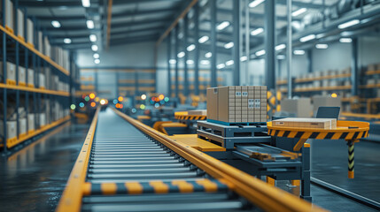 A sprawling distribution warehouse, bustling with activity, conveyor belts, and pallets of goods, showcasing efficient logistics in motion - obrazy, fototapety, plakaty