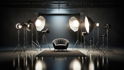 modern and professional photography studio. The scene includes high-end lighting equipment