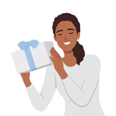 Beautiful woman holding present box. Flat vector illustration isolated on white background