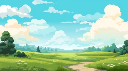  Grass Field landscape with blue sky and white cloud. Blue sky clouds sunny day wallpaper. Cartoon illustration of a Grass Field with blue sky in Summer. green field in a day. © jokerhitam289