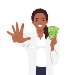 Beautiful doctor or nurse holding and saying no. Don't have to pay. Flat vector illustration isolated on white background