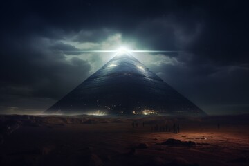 Fototapeta na wymiar alien spaceship shooting light down to the pyramid 