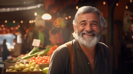 Generate an AI portrait capturing the essence of a happy, old, and handsome farmer with grey hair and a beard.  